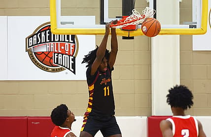 Dec 8, 2022; Scottsdale, AZ, USA; Cardinal Hayes Cardinals guard Ian Jackson (11) slam dunks the ball against the Duncanville High School Panthers during the HoopHall West basketball tournament at Chaparral High School. Mandatory Credit: Mark J. Rebilas-USA TODAY Sports