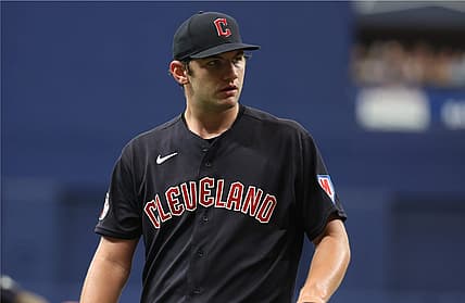 Aug 12, 2023; St. Petersburg, Florida, USA;  Cleveland Guardians starting pitcher Gavin Williams (63) looks on after the first inning against the Tampa Bay Rays at Tropicana Field. Mandatory Credit: Kim Klement Neitzel-USA TODAY Sports