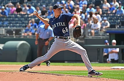 Aug 17, 2023; Kansas City, Missouri, USA;  Seattle Mariners starting pitcher George Kirby (68) delivers a pitch in the first inning against the Kansas City Royals at Kauffman Stadium. Mandatory Credit: Peter Aiken-USA TODAY Sports
