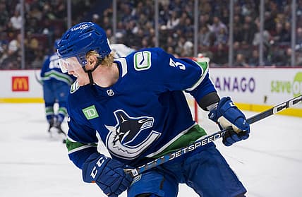 Apr 4, 2023; Vancouver, British Columbia, CAN; Vancouver Canucks defenseman Jack Rathbone (3) skates against the Seattle Kraken in the third period at Rogers Arena. Mandatory Credit: Bob Frid-USA TODAY Sports