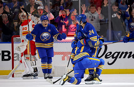 Oct 19, 2023; Buffalo, New York, USA;  Buffalo Sabres right wing JJ Peterka (77) celebrates his goal with center Dylan Cozens (24) and center Peyton Krebs (19) during the third period against the Calgary Flames at KeyBank Center. Mandatory Credit: Timothy T. Ludwig-USA TODAY Sports