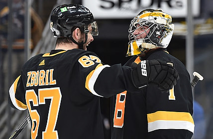 Apr 16, 2021; Boston, Massachusetts, USA; Boston Bruins defenseman Jakub Zboril (67) congratulates goaltender Jeremy Swayman (1) after defeating the New York Islanders at TD Garden. Mandatory Credit: Bob DeChiara-USA TODAY Sports