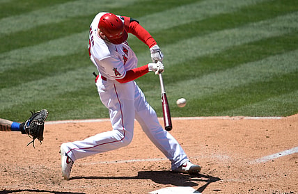 May 26, 2021; Anaheim, California, USA;  Los Angeles Angels third baseman Taylor Ward (3) doubles in the fourth inning against the Texas Rangers at Angel Stadium. Mandatory Credit: Jayne Kamin-Oncea-USA TODAY Sports