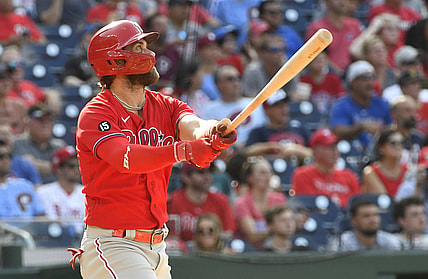 Aug 5, 2021; Washington, District of Columbia, USA; Philadelphia Phillies right fielder Bryce Harper (3) watches his solo home run against the Washington Nationals during the third inning at Nationals Park. Mandatory Credit: Brad Mills-USA TODAY Sports