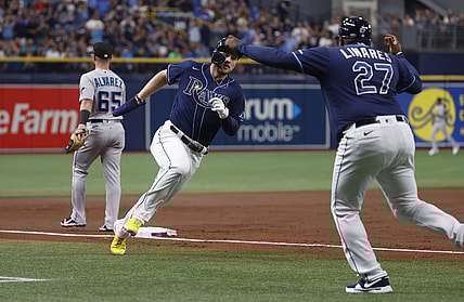 Sep 24, 2021; St. Petersburg, Florida, USA; Tampa Bay Rays designated hitter Austin Meadows (17) runs home to score a run during the first inning against the Miami Marlins at Tropicana Field. Mandatory Credit: Kim Klement-USA TODAY Sports