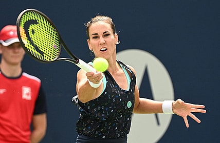 Aug 8, 2022; Toronto, ON, Canada;   Nuria Parrizas Diaz (ESP) plays a shot against Serena Williams (USA)  in first round play in the National Bank Open at Sobeys Stadium. Mandatory Credit: Dan Hamilton-USA TODAY Sports