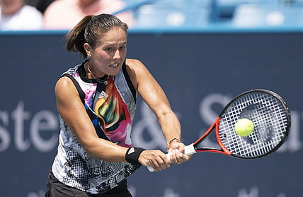 Aug 15, 2022; Cincinnati, OH, USA;  Daria Kasatkina (RUS) returns a shot during her match against Amanda Anisimova (USA) at the Western & Southern at the at the Lindner Family Tennis Center. Mandatory Credit: Susan Mullane-USA TODAY Sports