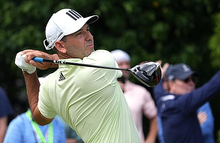 Jun 16, 2022; Brookline, Massachusetts, USA; Sergio Garcia plays his shot from the 15th tee during the first round of the U.S. Open golf tournament. Mandatory Credit: John David Mercer-USA TODAY Sports