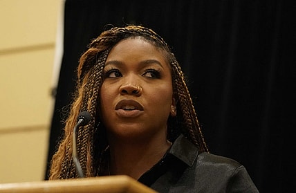 Jul 8, 2022; Chicago, IL, USA; Cherelle Griner spouse of Brittney Griner  during a press conference  addressing the detention of Brittney Griner in Russia at Hyatt Regency at McCormick Place. Mandatory Credit: David Banks-USA TODAY Sports