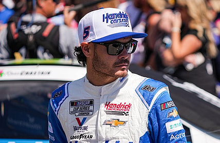 Sep 11, 2022; Kansas City, Kansas, USA; NASCAR Cup Series driver Kyle Larson (5) prior to the Hollywood Casino 400 at Kansas Speedway. Mandatory Credit: Jay Biggerstaff-USA TODAY Sports
