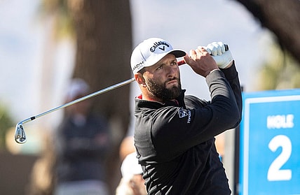 Jon Rahm hits his drive shot on hole two during the final round of The American Express on the Pete Dye Stadium Course at PGA West in La Quinta, Calif., Sunday, Jan. 22, 2023.