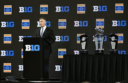 Jul 26, 2023; Indianapolis, IN, USA;  Big Ten commissioner Tony Petitti speaks to the media during Big 10 football media days at Lucas Oil Stadium. Mandatory Credit: Robert Goddin-USA TODAY Sports