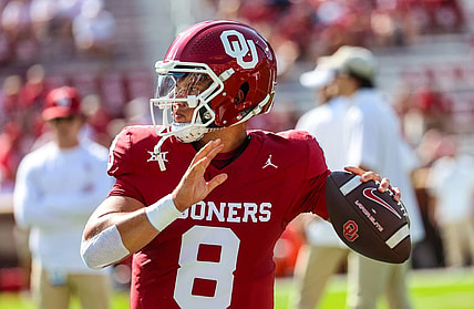 Sep 9, 2023; Norman, Oklahoma, USA;  Oklahoma Sooners quarterback Dillon Gabriel (8) warms up before the game against the Southern Methodist Mustangs at Gaylord Family-Oklahoma Memorial Stadium. Mandatory Credit: Kevin Jairaj-USA TODAY Sports