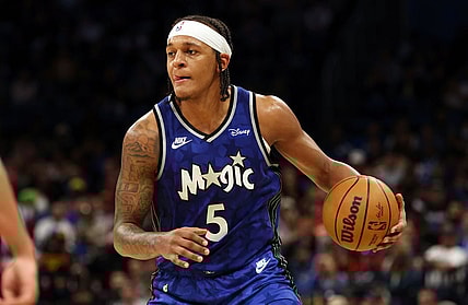 Jan 7, 2024; Orlando, Florida, USA; Orlando Magic forward Paolo Banchero (5) drives to the basket against the Atlanta Hawks during the second half at Kia Center. Mandatory Credit: Kim Klement Neitzel-USA TODAY Sports