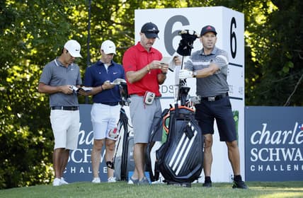 Sergio Garcia prepares to play a shot from the sixth tee during a practice round for the Charles Schwab Challenge golf tournament at Colonial Country Club