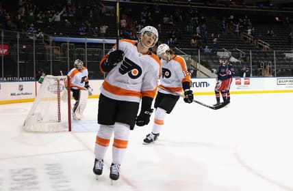 Mar 17, 2021; New York, New York, USA; Philadelphia Flyers center Connor Bunnaman (82) and the Philadelphia Flyers react following a second period goal by New York Rangers center Filip Chytil (72) that made the score 9-0 at Madison Square Garden at Madison Square Garden. Mandatory Credit:  Bruce Bennett/POOL PHOTOS-USA TODAY Sports