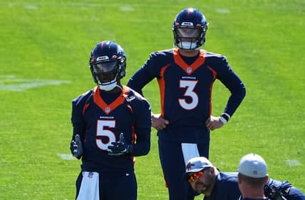 Jun 1, 2021; Englewood, Colorado, USA; Denver Broncos quarterback Teddy Bridgewater (5) and quarterback Drew Lock (3) during organized team activities at the UCHealth Training Center. Mandatory Credit: Ron Chenoy-USA TODAY Sports