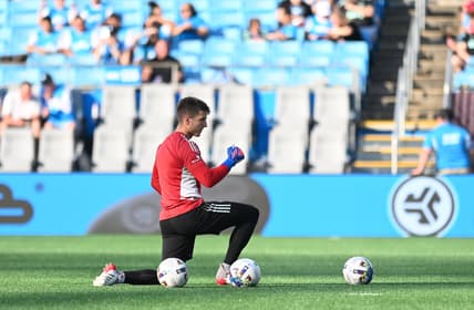 May 14, 2022; Charlotte, North Carolina, USA; Charlotte FC goalkeeper George Marks (31) warms up before a match against CF Montreal at Bank of America Stadium. Mandatory Credit: Griffin Zetterberg-USA TODAY Sports