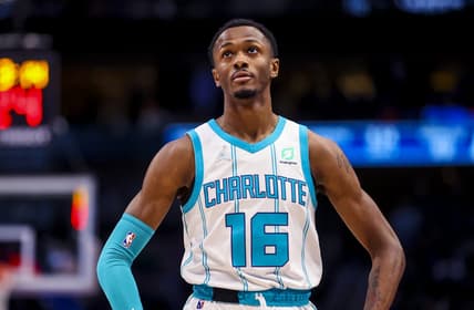 Dec 13, 2021; Dallas, Texas, USA;  Charlotte Hornets guard Scottie Lewis (16) reacts during the second half against the Dallas Mavericks at American Airlines Center. Mandatory Credit: Kevin Jairaj-USA TODAY Sports