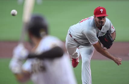 Jun 25, 2022; San Diego, California, USA; Philadelphia Phillies starting pitcher Zach Eflin (56) throws a pitch against the San Diego Padres during the first inning at Petco Park. Mandatory Credit: Orlando Ramirez-USA TODAY Sports