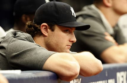 Sep 4, 2022; St. Petersburg, Florida, USA; New York Yankees pitcher Gerrit Cole (45) looks on against the Tampa Bay Rays  during the fifth inning at Tropicana Field. Mandatory Credit: Kim Klement-USA TODAY Sports