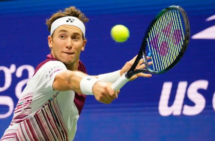 Sept 6, 2022; Flushing, NY, USA;  Casper Ruud of Norway hits to Matteo Berrettini of Italy on day nine of the 2022 U.S. Open tennis tournament at USTA Billie Jean King National Tennis Center. Mandatory Credit: Robert Deutsch-USA TODAY Sports