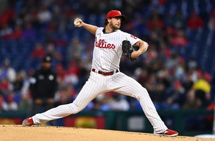 Sep 23, 2022; Philadelphia, Pennsylvania, USA; Philadelphia Phillies pitcher Aaron Nola (27) throws a pitch against the Atlanta Braves in the first inning at Citizens Bank Park. Mandatory Credit: Kyle Ross-USA TODAY Sports