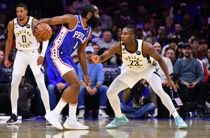 Oct 24, 2022; Philadelphia, Pennsylvania, USA; Indiana Pacers guard Aaron Nesmith (23) defends Philadelphia 76ers guard James Harden (1) in the first quarter at Wells Fargo Center. Mandatory Credit: Kyle Ross-USA TODAY Sports