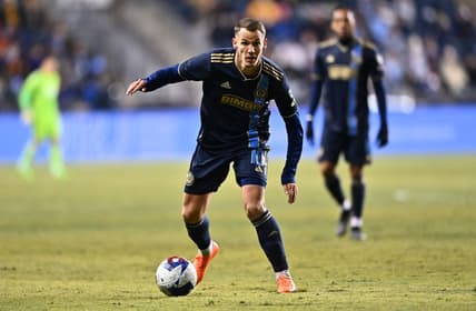 Mar 11, 2023; Philadelphia, Pennsylvania, USA; Philadelphia Union midfielder Daniel Gazdag (10) controls the ball against the Chicago Fire in the second half at Subaru Park. Mandatory Credit: Kyle Ross-USA TODAY Sports