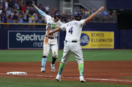 Apr 21, 2023; St. Petersburg, Florida, USA; Tampa Bay Rays second baseman Brandon Lowe (8) celebrates as he hits the game winning walk off 2-run home run against the Chicago White Sox at Tropicana Field. Mandatory Credit: Kim Klement-USA TODAY Sports