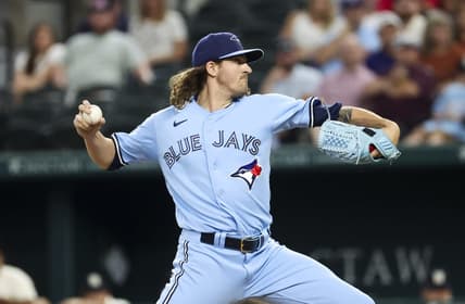 Jun 16, 2023; Arlington, Texas, USA;  Toronto Blue Jays starting pitcher Kevin Gausman (34) throws during the first inning against the Texas Rangers at Globe Life Field. Mandatory Credit: Kevin Jairaj-USA TODAY Sports