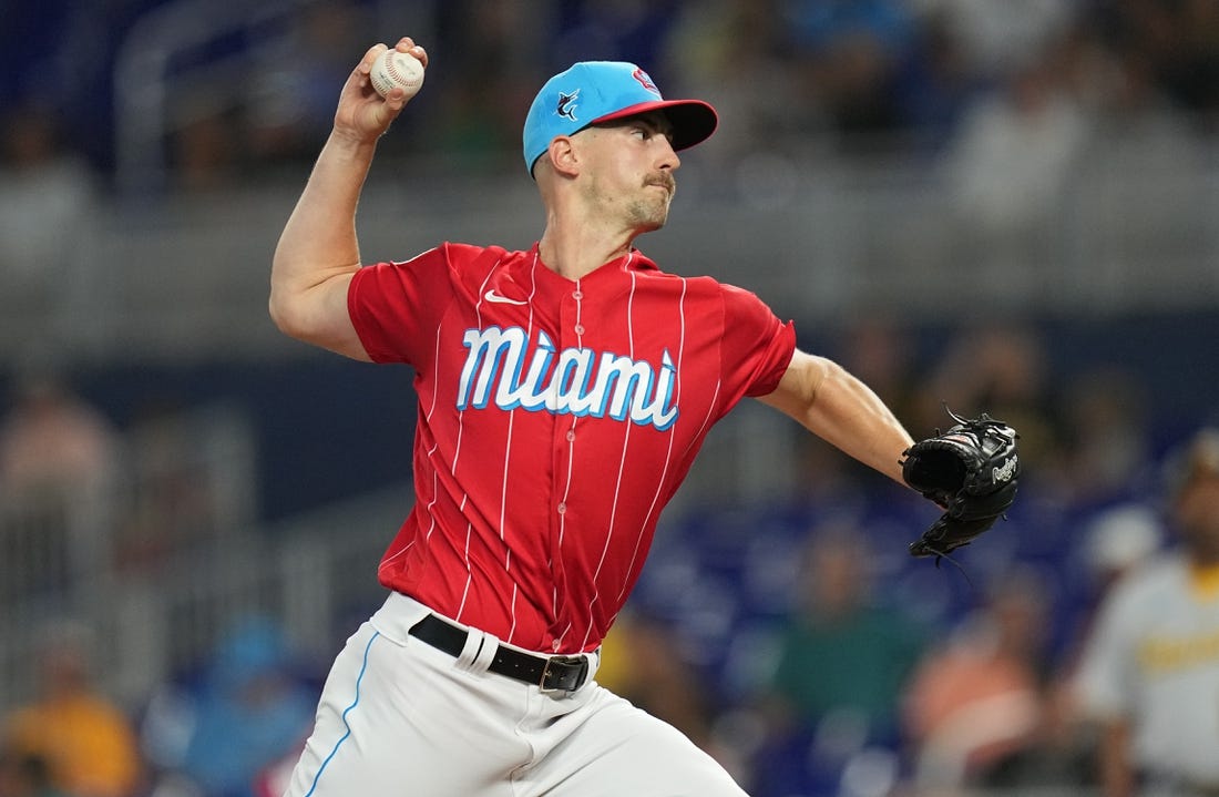 Jun 24, 2023; Miami, Florida, USA; Miami Marlins starting pitcher Bryan Hoeing (78) pitches against the against the Pittsburgh Pirates in the first inning at loanDepot Park. Mandatory Credit: Jim Rassol-USA TODAY Sports