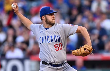 Jun 7, 2023; Anaheim, California, USA;  Chicago Cubs starting pitcher Jameson Taillon (50) throws to the plate in the first inning of the game against the Los Angeles Angels at Angel Stadium. Mandatory Credit: Jayne Kamin-Oncea-USA TODAY Sports