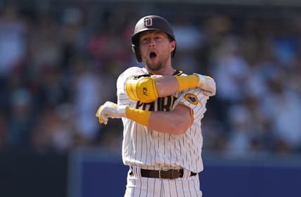 Jul 4, 2023; San Diego, California, USA;  San Diego Padres first baseman Jake Cronenworth (9) reacts after hitting a double against the Los Angeles Angels during the fourth inning at Petco Park. Mandatory Credit: Ray Acevedo-USA TODAY Sports