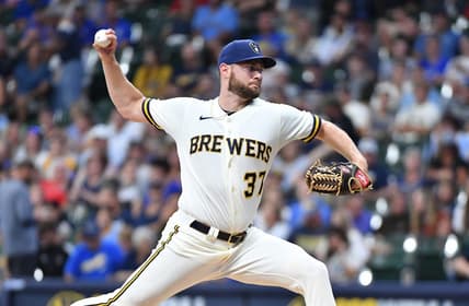 Jul 5, 2023; Milwaukee, Wisconsin, USA; Milwaukee Brewers starting pitcher Adrian Houser (37) delivers a pitch against the Chicago Cubs in the first inning at American Family Field. Mandatory Credit: Michael McLoone-USA TODAY Sports