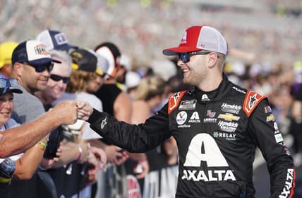 Jul 9, 2023; Hampton, Georgia, USA; NASCAR Cup Series driver William Byron (24) during driver introductions at Atlanta Motor Speedway. Mandatory Credit: Marvin Gentry-USA TODAY Sports
