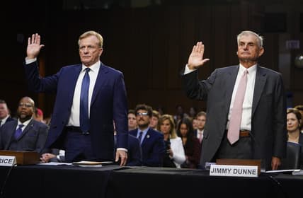 Jul 11, 2023; Washington, D.C., USA;  The Senate Homeland Security committee holds a hearing to examine the PGA-LIV deal with witnesses RON PRICE, Chief Operating Officer, PGA TOUR, left, and JIMMY DUNNE, Board Member, PGA TOUR, right, focusing on implications for the future of golf and Saudi Arabia's influence in the United States on July 11, 2023. Mandatory Credit: Jack Gruber-USA TODAY