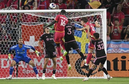 Jul 15, 2023; St. Louis, Missouri, USA; St. Louis City player Samuel Adeniran (16) heads the ball for a goal against Inter Miami midfielder Dixon Arroyo (3) and Inter Miami goalkeeper Drake Callender (1) in the first half at CITYPARK. Mandatory Credit: Scott Rovak-USA TODAY Sports