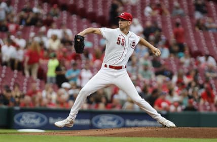 Aug 7, 2023; Cincinnati, Ohio, USA; Cincinnati Reds starting pitcher Brandon Williamson (55) throws against the Miami Marlins during the first inning at Great American Ball Park. Mandatory Credit: David Kohl-USA TODAY Sports