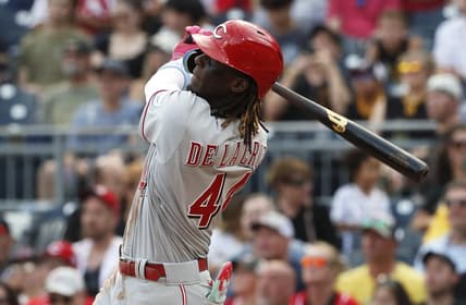 Aug 13, 2023; Pittsburgh, PA, USA; Cincinnati Reds shortstop Elly De La Cruz (44) hits a solo home run against the Pittsburgh Pirates during the third inning at PNC Park. Mandatory Credit: Charles LeClaire-USA TODAY Sports