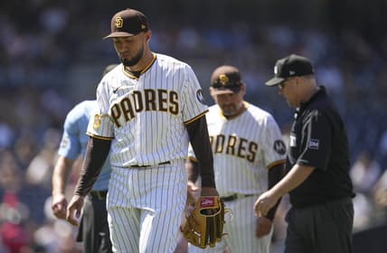 Aug 23, 2023; San Diego, California, USA;  San Diego Padres relief pitcher Robert Suarez (75) is ejected before throwing a pitch against the Miami Marlins during the seventh inning at Petco Park. Mandatory Credit: Ray Acevedo-USA TODAY Sports