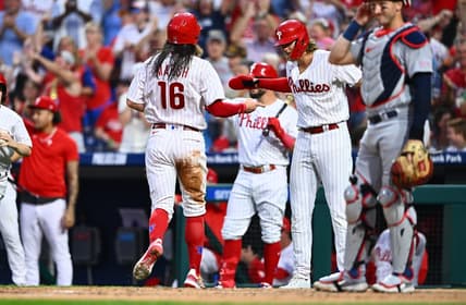Aug 25, 2023; Philadelphia, Pennsylvania, USA; Philadelphia Phillies outfielder Brandon Marsh (16) celebrates with infielder Alec Bohm (28) after scoring against the St. Louis Cardinals in the second inning at Citizens Bank Park. Mandatory Credit: Kyle Ross-USA TODAY Sports