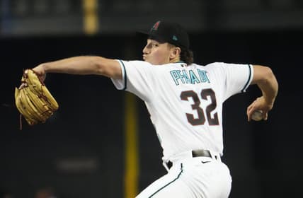Arizona Diamondbacks starting pitcher Brandon Pfaadt (32) throws to the Los Angeles Dodgers in the first inning during Game 3 of the NLDS at Chase Field in Phoenix on Oct. 11, 2023.