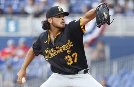 Mar 30, 2024; Miami, Florida, USA; Pittsburgh Pirates starting pitcher Jared Jones (37) pitches against the Miami Marlins in the first inning at loanDepot Park. Mandatory Credit: Rhona Wise-USA TODAY Sports