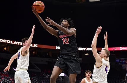 Mar 4, 2022; St. Louis, MO, USA;  Illinois State Redbirds guard Antonio Reeves (12) drives to the basket against the Northern Iowa Panthers during the second half in the quarterfinals round of the Missouri Valley Conference Tournament at Enterprise Center. Mandatory Credit: Jeff Curry-USA TODAY Sports