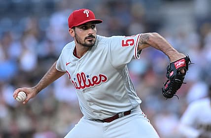 Jun 25, 2022; San Diego, California, USA; Philadelphia Phillies starting pitcher Zach Eflin (56) throws a pitch against the San Diego Padres during the first inning at Petco Park. Mandatory Credit: Orlando Ramirez-USA TODAY Sports