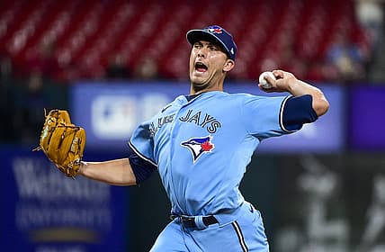 May 24, 2022; St. Louis, Missouri, USA; Toronto Blue Jays relief pitcher Andrew Vasquez (50) pitches against the St. Louis Cardinals during the ninth inning at Busch Stadium. Mandatory Credit: Jeff Curry-USA TODAY Sports