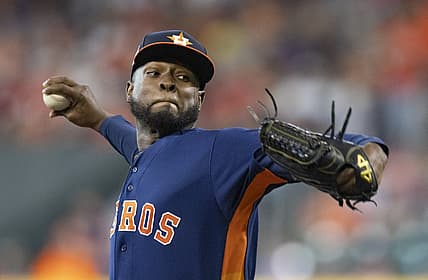 Aug 14, 2022; Houston, Texas, USA; Houston Astros starting pitcher Cristian Javier (53) pitches against the Oakland Athletics in the first inning at Minute Maid Park. Mandatory Credit: Thomas Shea-USA TODAY Sports