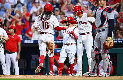 Aug 25, 2023; Philadelphia, Pennsylvania, USA; Philadelphia Phillies outfielder Brandon Marsh (16) celebrates with infielder Alec Bohm (28) after scoring against the St. Louis Cardinals in the second inning at Citizens Bank Park. Mandatory Credit: Kyle Ross-USA TODAY Sports