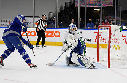 Feb 6, 2021; Toronto, Ontario, CAN;  Toronto Maple Leafs forward Auston Matthews (34) scores past Vancouver Canucks goalie Braden Holtby (49) in the first period at Scotiabank Arena. Mandatory Credit: Dan Hamilton-USA TODAY Sports